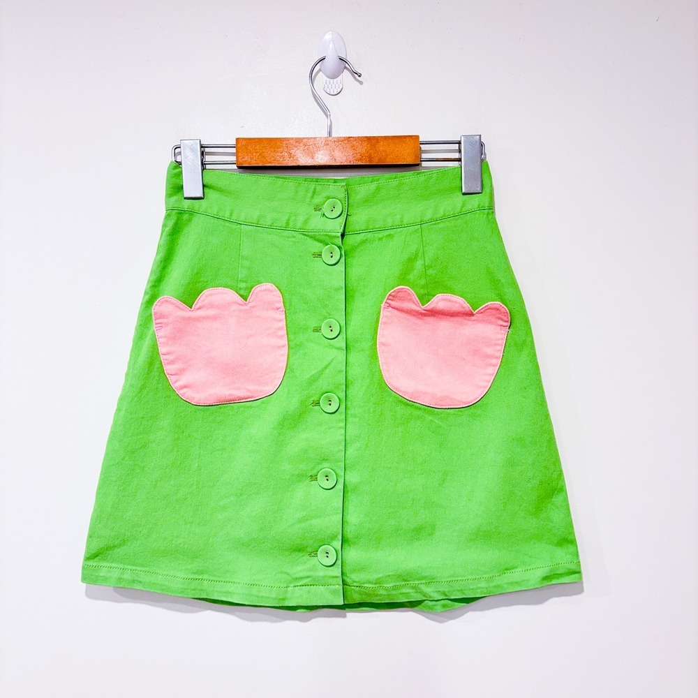 SMAK PARLOUR Green and pink denim mini skirt‎ | Retro playful | Small